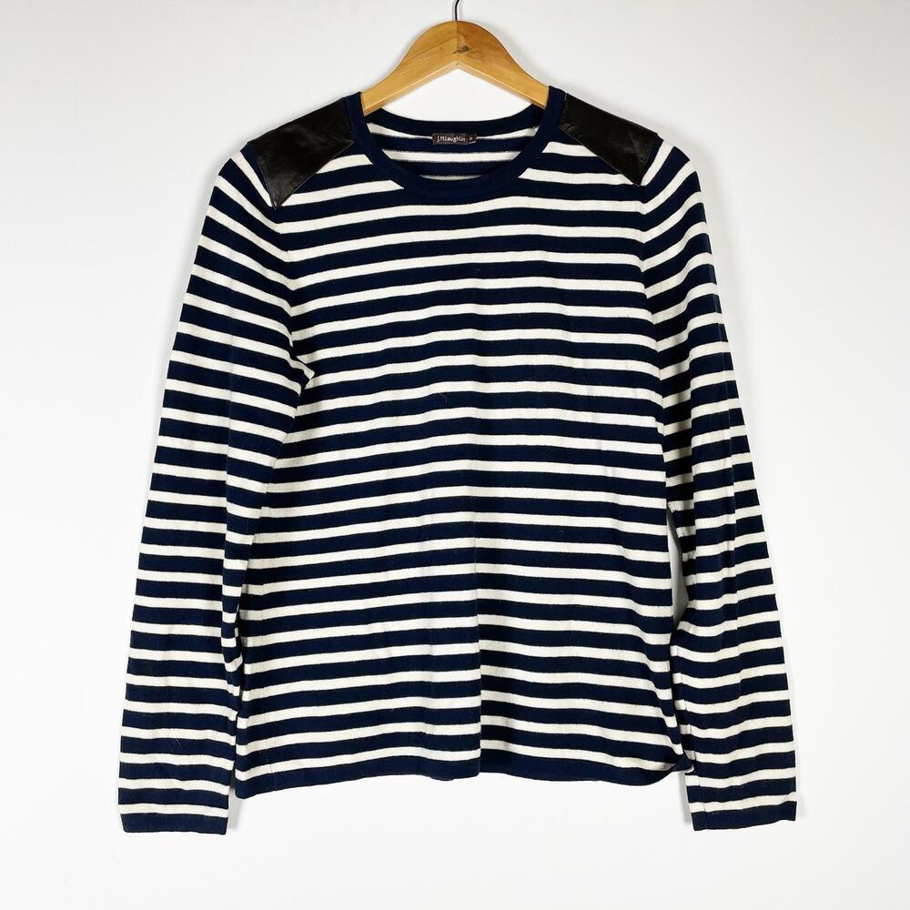 J. McLaughlin knit top navy blue white striped with leather shoulders Size M